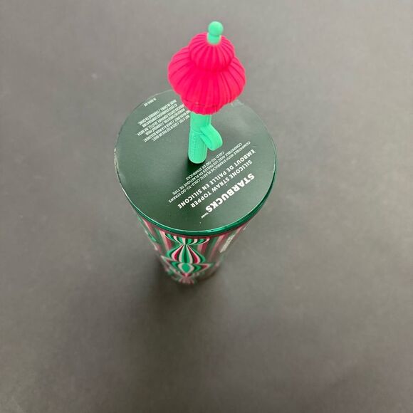 2024 Starbucks Green red Christmas thermal cup w/ ornament Silicone Straw Topper - Picture 5 of 7
